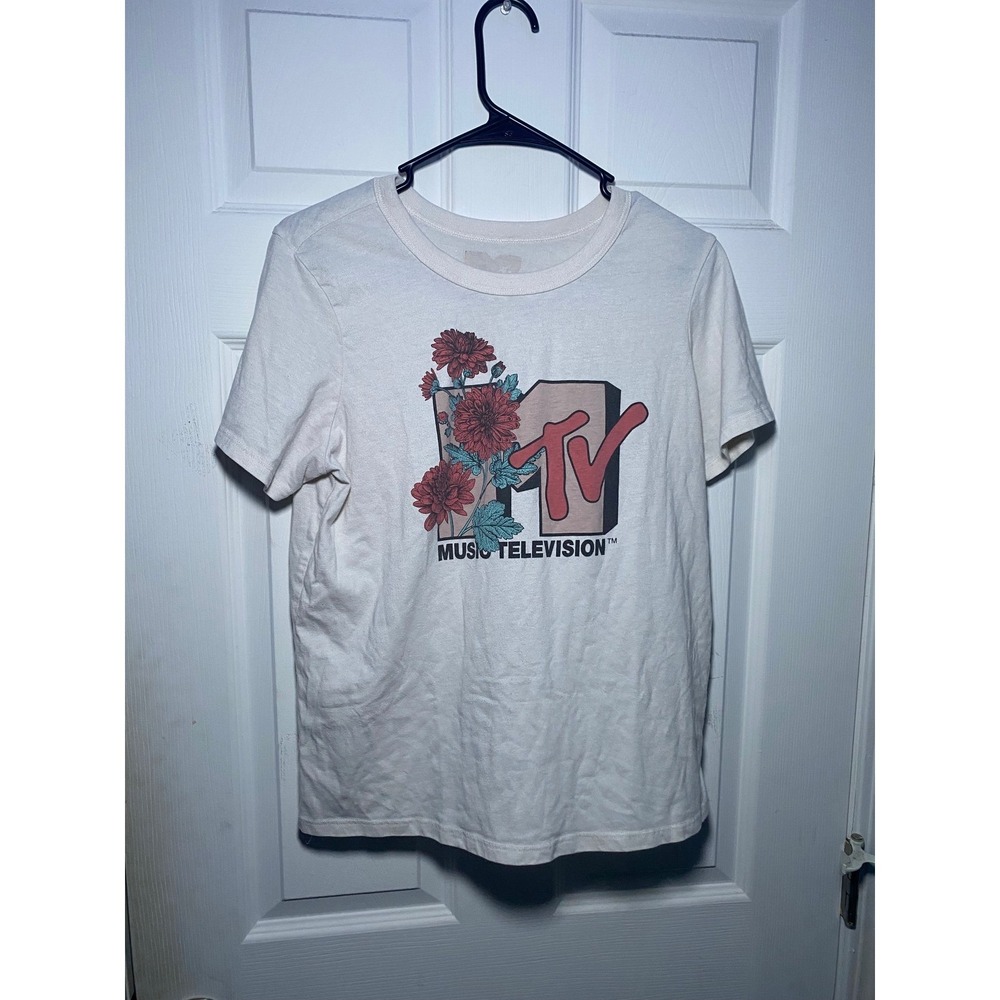 MTV Music Television Floral Graphic T-Shirt Mens Medium White Hybrid Apparel Tee